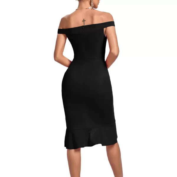 LYANER Women's Off Shoulder Ruffle Split Hem Bodycon Party Club Midi Dress