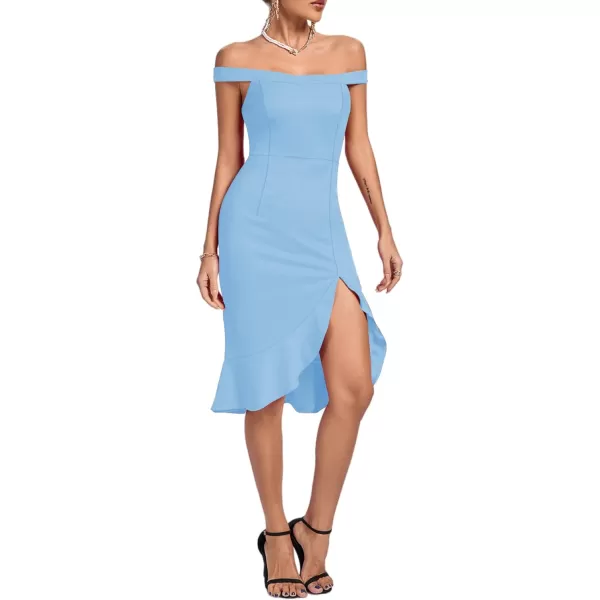 LYANER Women's Off Shoulder Ruffle Split Hem Bodycon Party Club Midi Dress