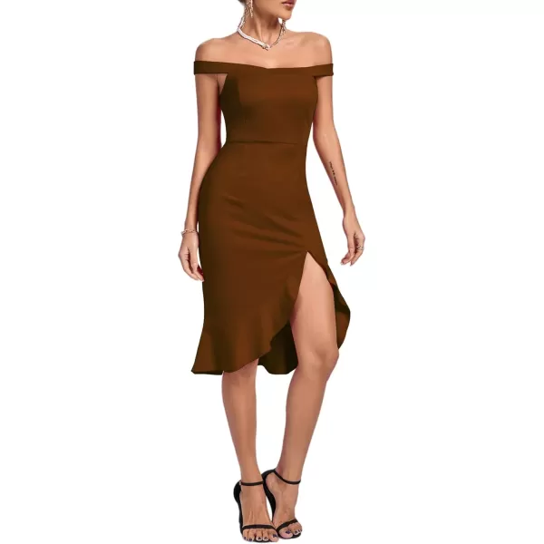 LYANER Women's Off Shoulder Ruffle Split Hem Bodycon Party Club Midi Dress
