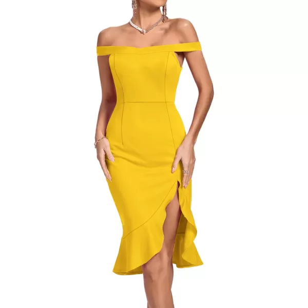 LYANER Women's Off Shoulder Ruffle Split Hem Bodycon Party Club Midi Dress