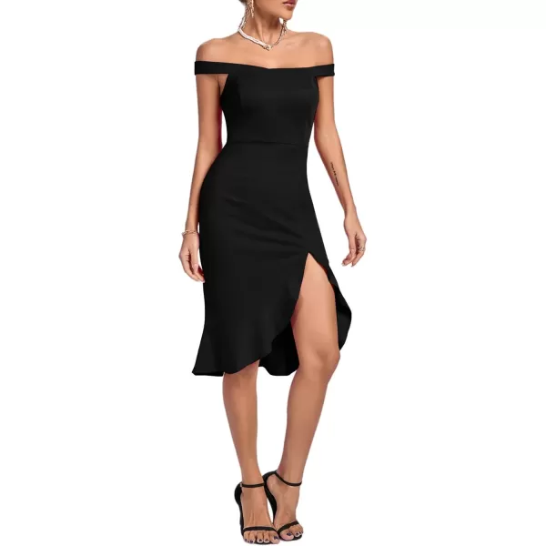 LYANER Women's Off Shoulder Ruffle Split Hem Bodycon Party Club Midi Dress
