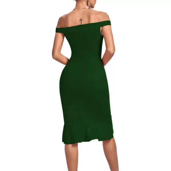 LYANER Women's Off Shoulder Ruffle Split Hem Bodycon Party Club Midi Dress