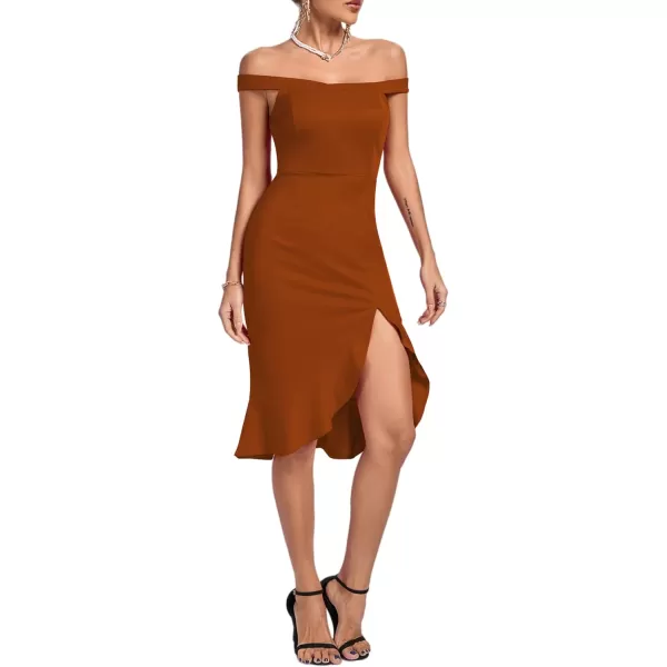 LYANER Women's Off Shoulder Ruffle Split Hem Bodycon Party Club Midi Dress