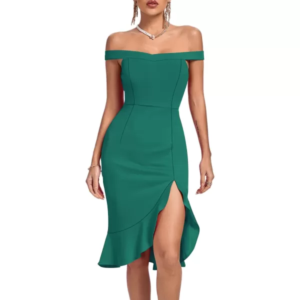 LYANER Women's Off Shoulder Ruffle Split Hem Bodycon Party Club Midi Dress
