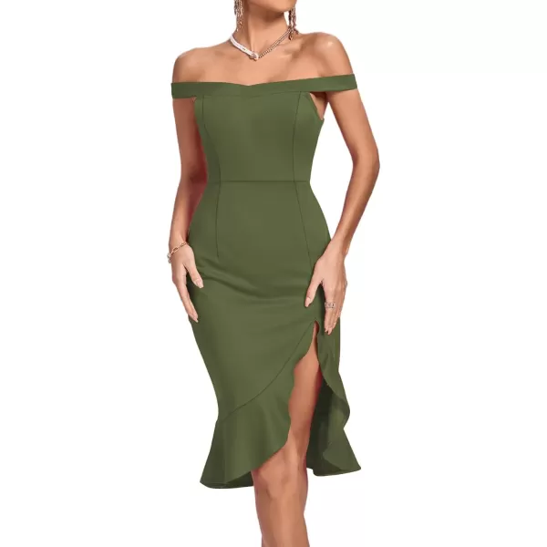LYANER Women's Off Shoulder Ruffle Split Hem Bodycon Party Club Midi Dress