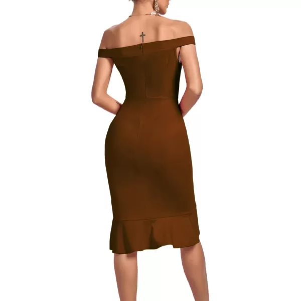 LYANER Women's Off Shoulder Ruffle Split Hem Bodycon Party Club Midi Dress