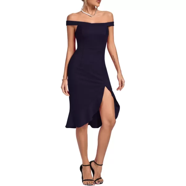 LYANER Women's Off Shoulder Ruffle Split Hem Bodycon Party Club Midi Dress