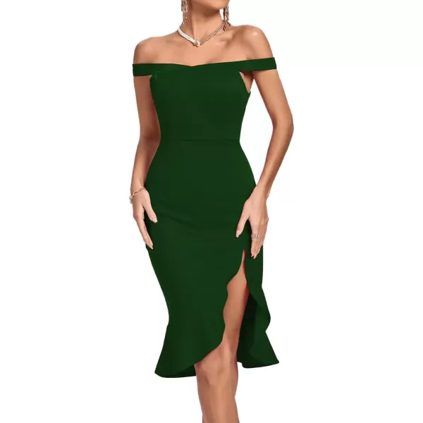 LYANER Women's Off Shoulder Ruffle Split Hem Bodycon Party Club Midi Dress