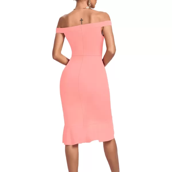 LYANER Women's Off Shoulder Ruffle Split Hem Bodycon Party Club Midi Dress
