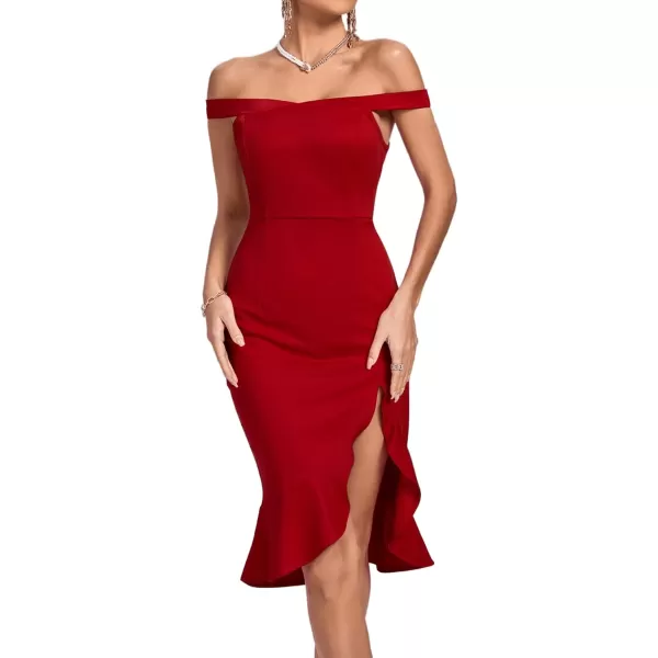 LYANER Women's Off Shoulder Ruffle Split Hem Bodycon Party Club Midi Dress