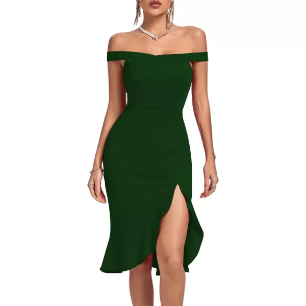 LYANER Women's Off Shoulder Ruffle Split Hem Bodycon Party Club Midi Dress
