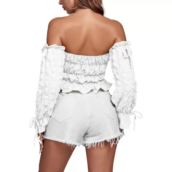 LYANER Women's Off Shoulder Ruffle Trim Drawsting Puff Long Sleeve Tube Crop Blouse Shirt Top