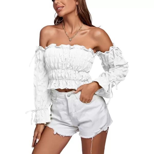 LYANER Women's Off Shoulder Ruffle Trim Drawsting Puff Long Sleeve Tube Crop Blouse Shirt Top