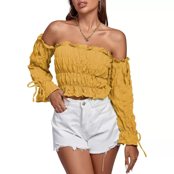 LYANER Women's Off Shoulder Ruffle Trim Drawsting Puff Long Sleeve Tube Crop Blouse Shirt Top