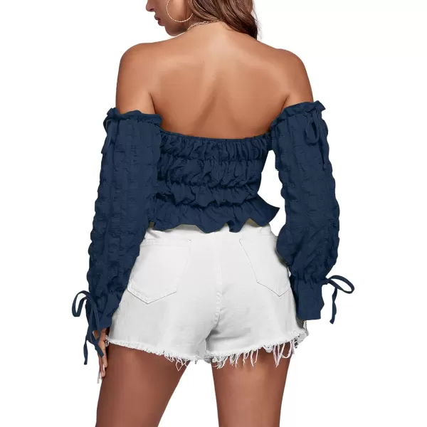 LYANER Women's Off Shoulder Ruffle Trim Drawsting Puff Long Sleeve Tube Crop Blouse Shirt Top