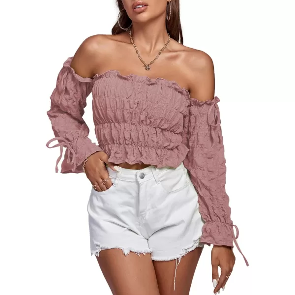 LYANER Women's Off Shoulder Ruffle Trim Drawsting Puff Long Sleeve Tube Crop Blouse Shirt Top