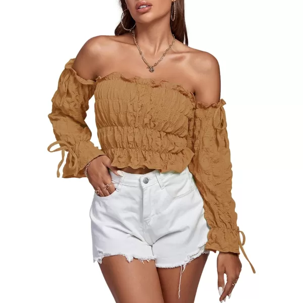 LYANER Women's Off Shoulder Ruffle Trim Drawsting Puff Long Sleeve Tube Crop Blouse Shirt Top