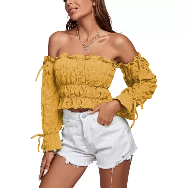 LYANER Women's Off Shoulder Ruffle Trim Drawsting Puff Long Sleeve Tube Crop Blouse Shirt Top