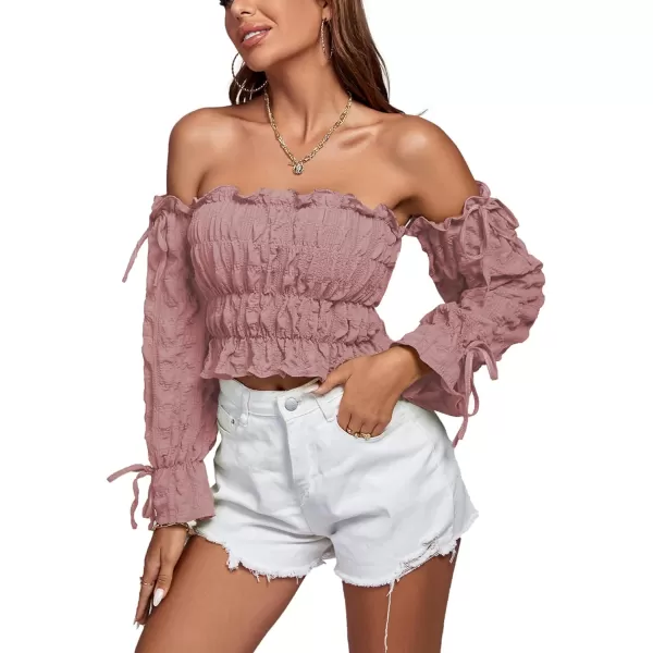 LYANER Women's Off Shoulder Ruffle Trim Drawsting Puff Long Sleeve Tube Crop Blouse Shirt Top