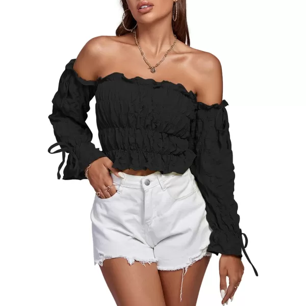 LYANER Women's Off Shoulder Ruffle Trim Drawsting Puff Long Sleeve Tube Crop Blouse Shirt Top