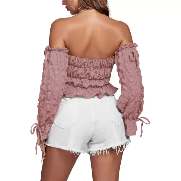 LYANER Women's Off Shoulder Ruffle Trim Drawsting Puff Long Sleeve Tube Crop Blouse Shirt Top