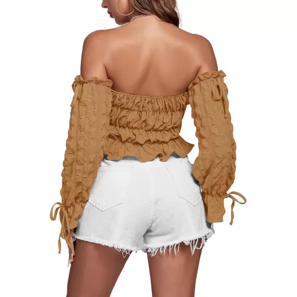 LYANER Women's Off Shoulder Ruffle Trim Drawsting Puff Long Sleeve Tube Crop Blouse Shirt Top