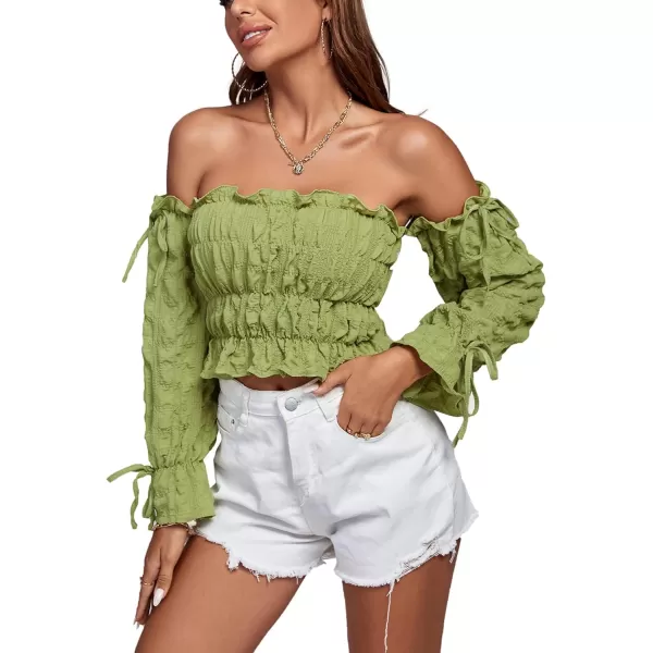 LYANER Women's Off Shoulder Ruffle Trim Drawsting Puff Long Sleeve Tube Crop Blouse Shirt Top