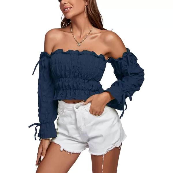 LYANER Women's Off Shoulder Ruffle Trim Drawsting Puff Long Sleeve Tube Crop Blouse Shirt Top