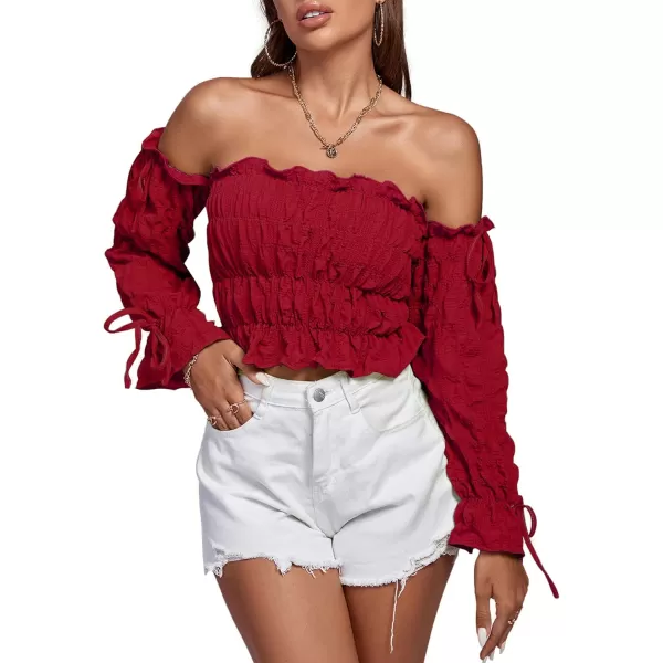 LYANER Women's Off Shoulder Ruffle Trim Drawsting Puff Long Sleeve Tube Crop Blouse Shirt Top