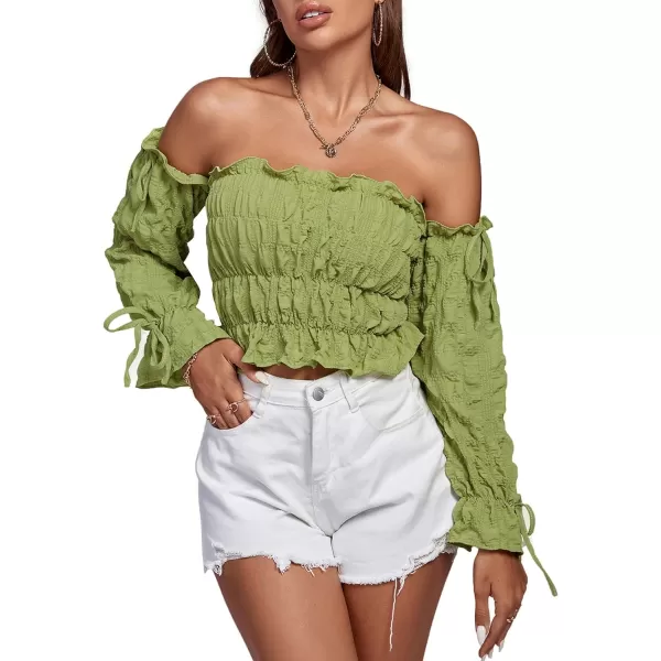LYANER Women's Off Shoulder Ruffle Trim Drawsting Puff Long Sleeve Tube Crop Blouse Shirt Top