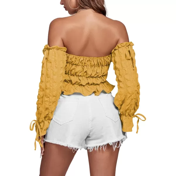 LYANER Women's Off Shoulder Ruffle Trim Drawsting Puff Long Sleeve Tube Crop Blouse Shirt Top