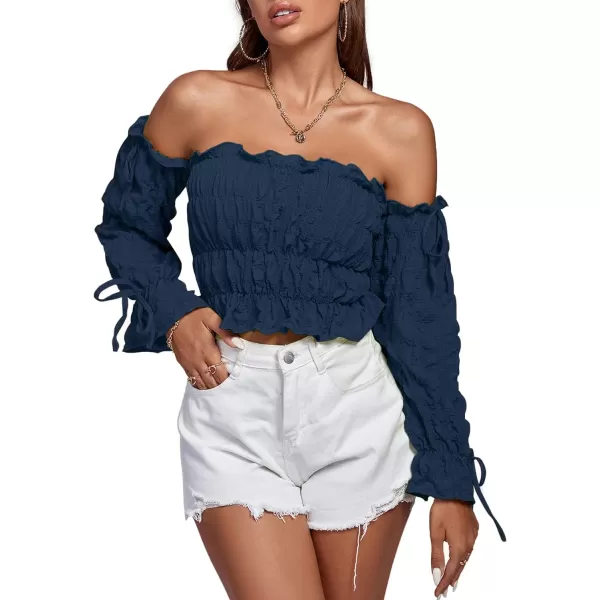 LYANER Women's Off Shoulder Ruffle Trim Drawsting Puff Long Sleeve Tube Crop Blouse Shirt Top