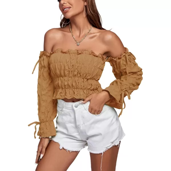 LYANER Women's Off Shoulder Ruffle Trim Drawsting Puff Long Sleeve Tube Crop Blouse Shirt Top