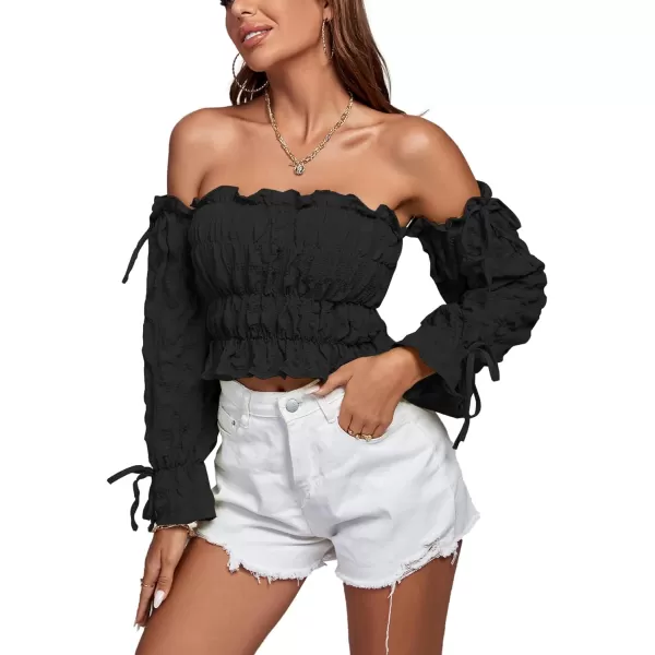 LYANER Women's Off Shoulder Ruffle Trim Drawsting Puff Long Sleeve Tube Crop Blouse Shirt Top