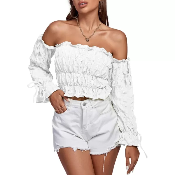 LYANER Women's Off Shoulder Ruffle Trim Drawsting Puff Long Sleeve Tube Crop Blouse Shirt Top