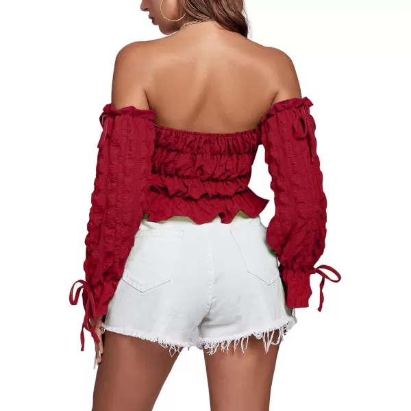LYANER Women's Off Shoulder Ruffle Trim Drawsting Puff Long Sleeve Tube Crop Blouse Shirt Top