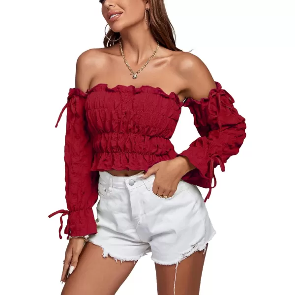 LYANER Women's Off Shoulder Ruffle Trim Drawsting Puff Long Sleeve Tube Crop Blouse Shirt Top