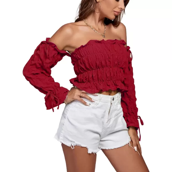 LYANER Women's Off Shoulder Ruffle Trim Drawsting Puff Long Sleeve Tube Crop Blouse Shirt Top
