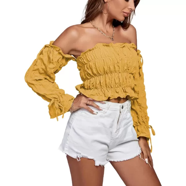 LYANER Women's Off Shoulder Ruffle Trim Drawsting Puff Long Sleeve Tube Crop Blouse Shirt Top