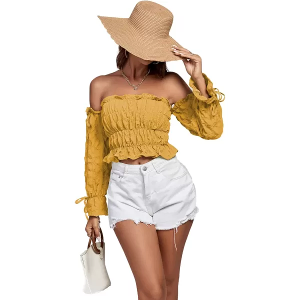 LYANER Women's Off Shoulder Ruffle Trim Drawsting Puff Long Sleeve Tube Crop Blouse Shirt Top