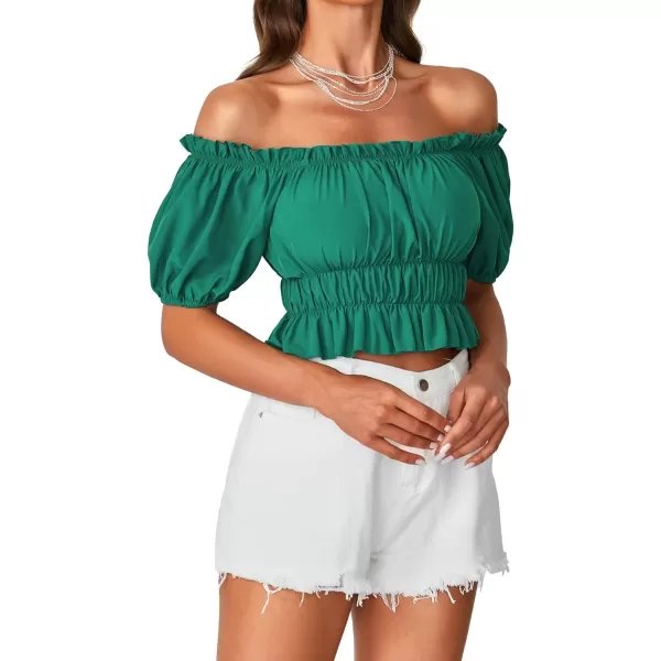 LYANER Women's Off Shoulder Short Sleeve Pleated Ruffle Trim Crop Top Blouse Shirt
