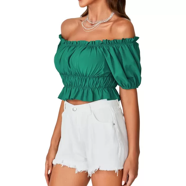 LYANER Women's Off Shoulder Short Sleeve Pleated Ruffle Trim Crop Top Blouse Shirt