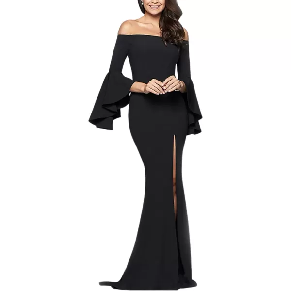 LYANER Women's Off Shoulder Side Split Bell Long Sleeve Cocktail Bodycon Maxi Dress