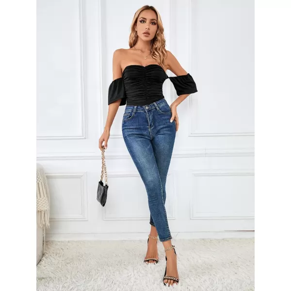LYANER Women's Off Shoulder Smocked Ruched Puff Short Sleeve Bodysuit Leotard Top