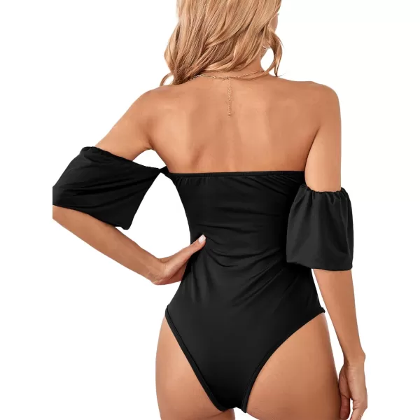 LYANER Women's Off Shoulder Smocked Ruched Puff Short Sleeve Bodysuit Leotard Top