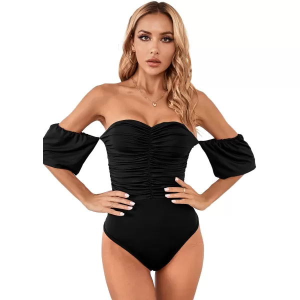 LYANER Women's Off Shoulder Smocked Ruched Puff Short Sleeve Bodysuit Leotard Top
