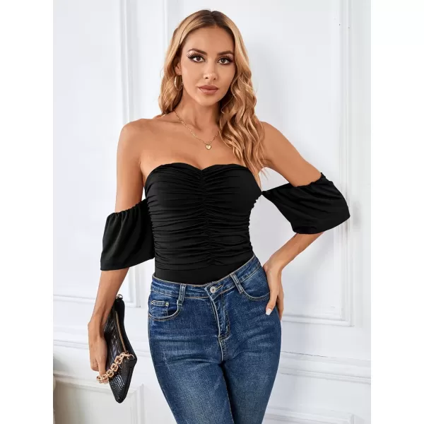 LYANER Women's Off Shoulder Smocked Ruched Puff Short Sleeve Bodysuit Leotard Top