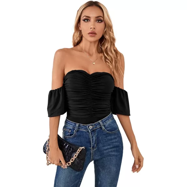 LYANER Women's Off Shoulder Smocked Ruched Puff Short Sleeve Bodysuit Leotard Top