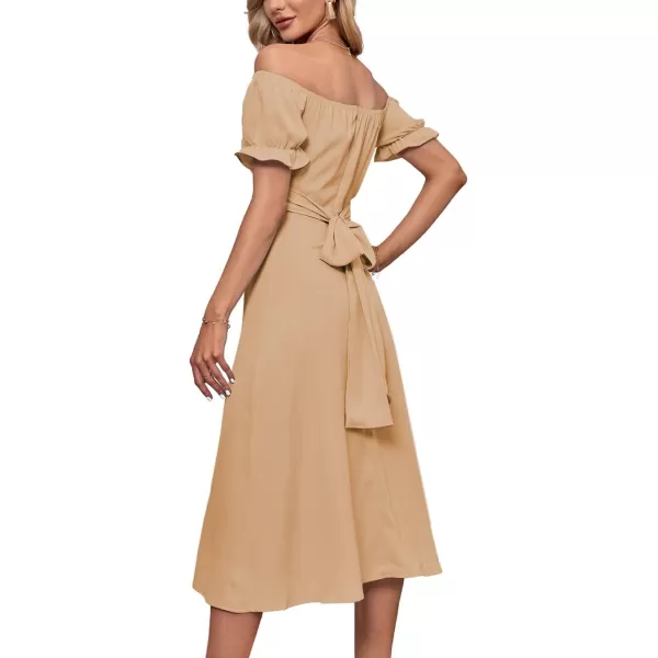 LYANER Women's Off Shoulder Wrap Ruffle Puff Short Sleeve Ruched Tie Back Dress