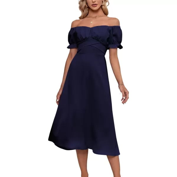 LYANER Women's Off Shoulder Wrap Ruffle Puff Short Sleeve Ruched Tie Back Dress